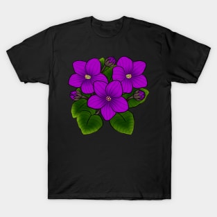 Purple African Violets in Black T-Shirt